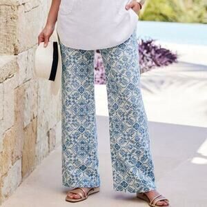 Soft Surroundings Aliso Point Linen Pants in Blue Tile Print size Small